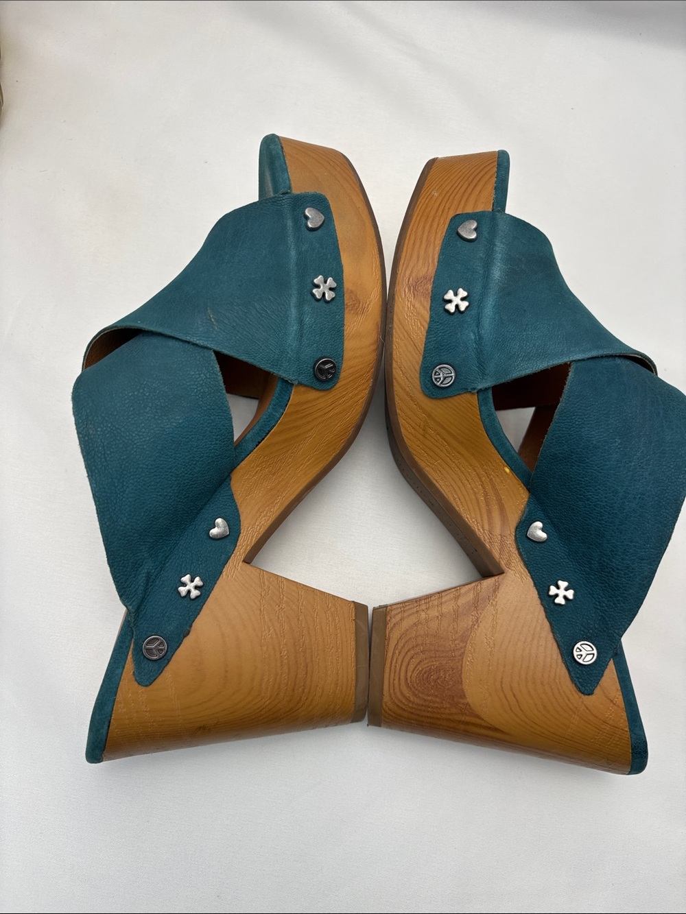 Lucky Brand Women’s 6 Teal Crisscross Leather Platform Mules #355 - Picture 6 of 12